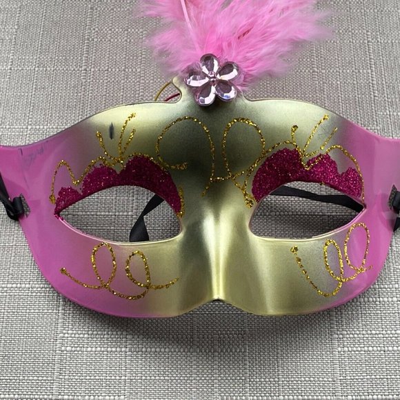 Light Up Mask Pink Faux Feather Party Mask Women Masquerade Eye Mask - Picture 9 of 11
